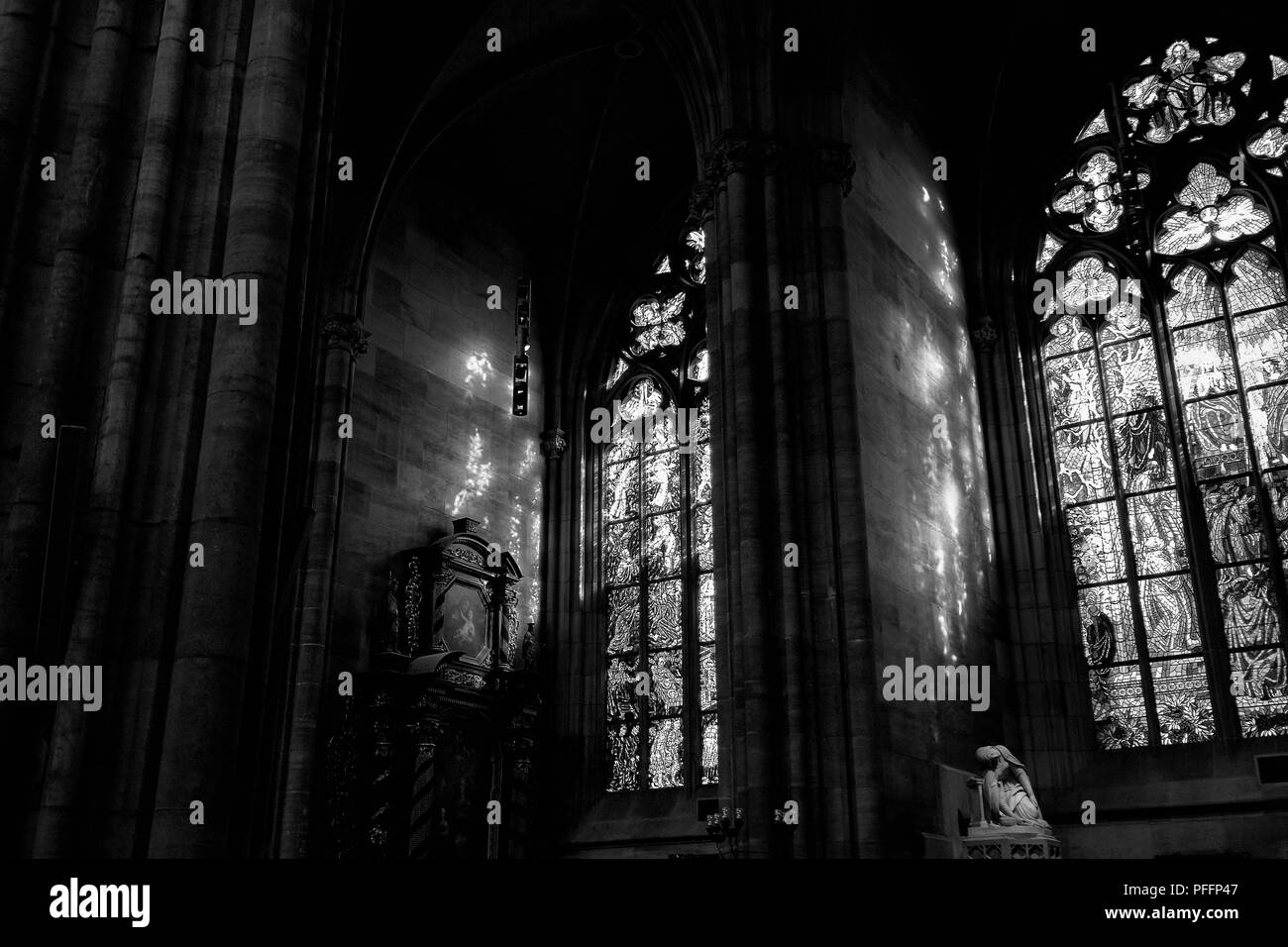 Interior of St. Vitus Cathedral in Prague, Czech Republic. Black and white. Stock Photo