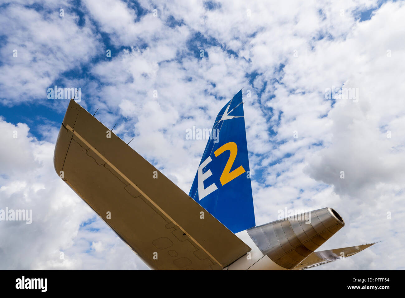 Tail of Embraer E-Jet E2 narrow body medium range twin engine jet airliner developed by the Brazilian firm at Farnborough International Airshow Stock Photo