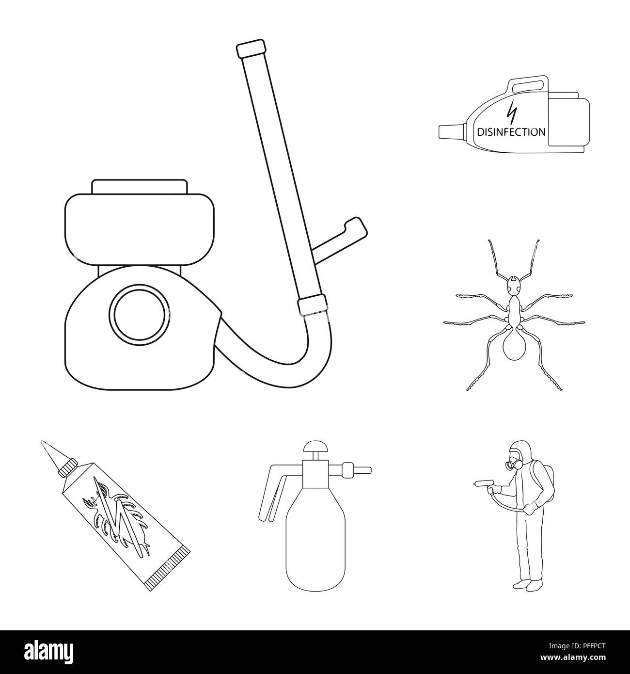 Pest, poison, personnel and equipment outline icons in set collection ...