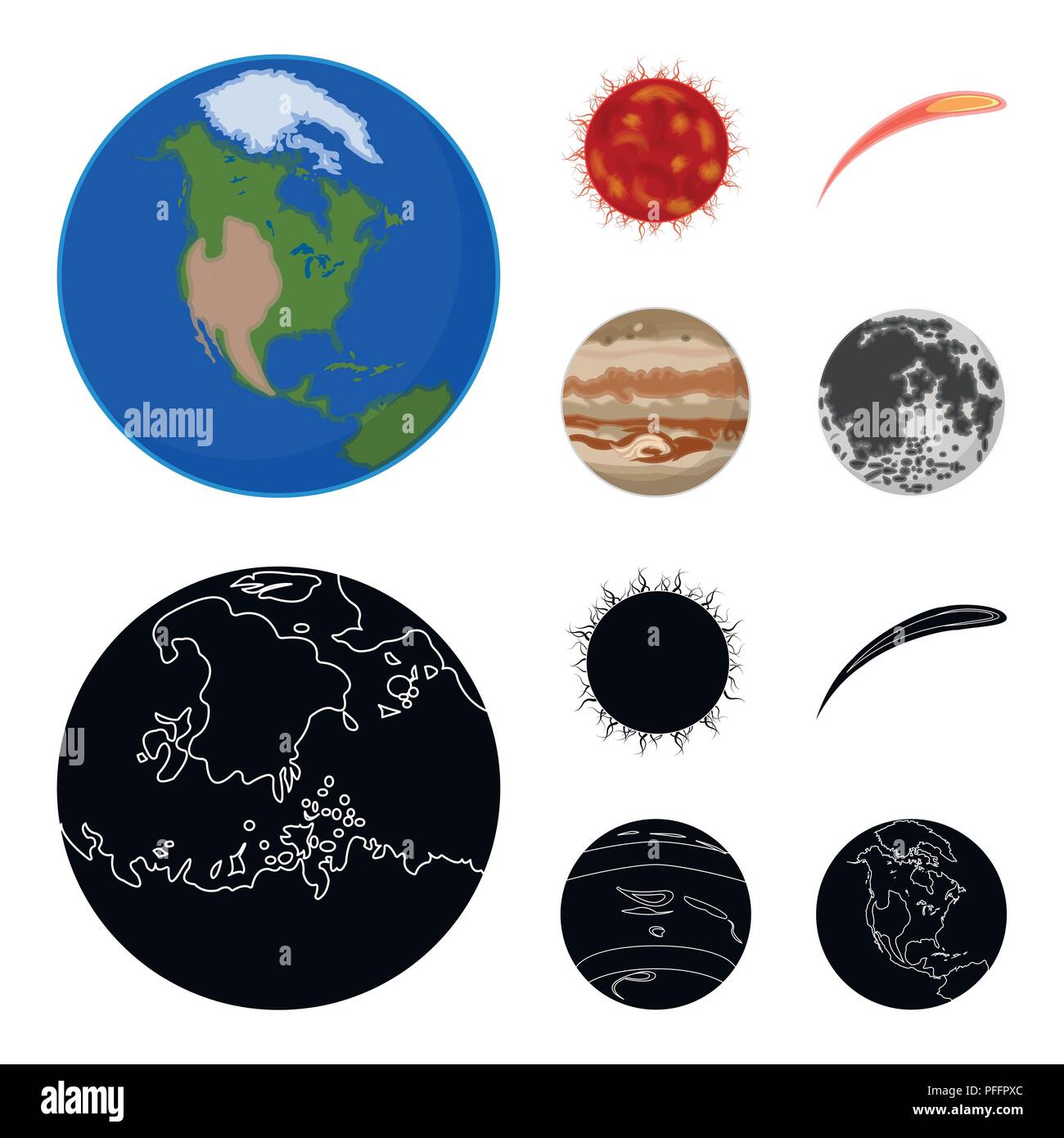 Earth, Jupiter, the Sun of the Planet of the Solar System. Asteroid, meteorite. Planets set collection icons in cartoon,black style vector symbol stoc Stock Vector