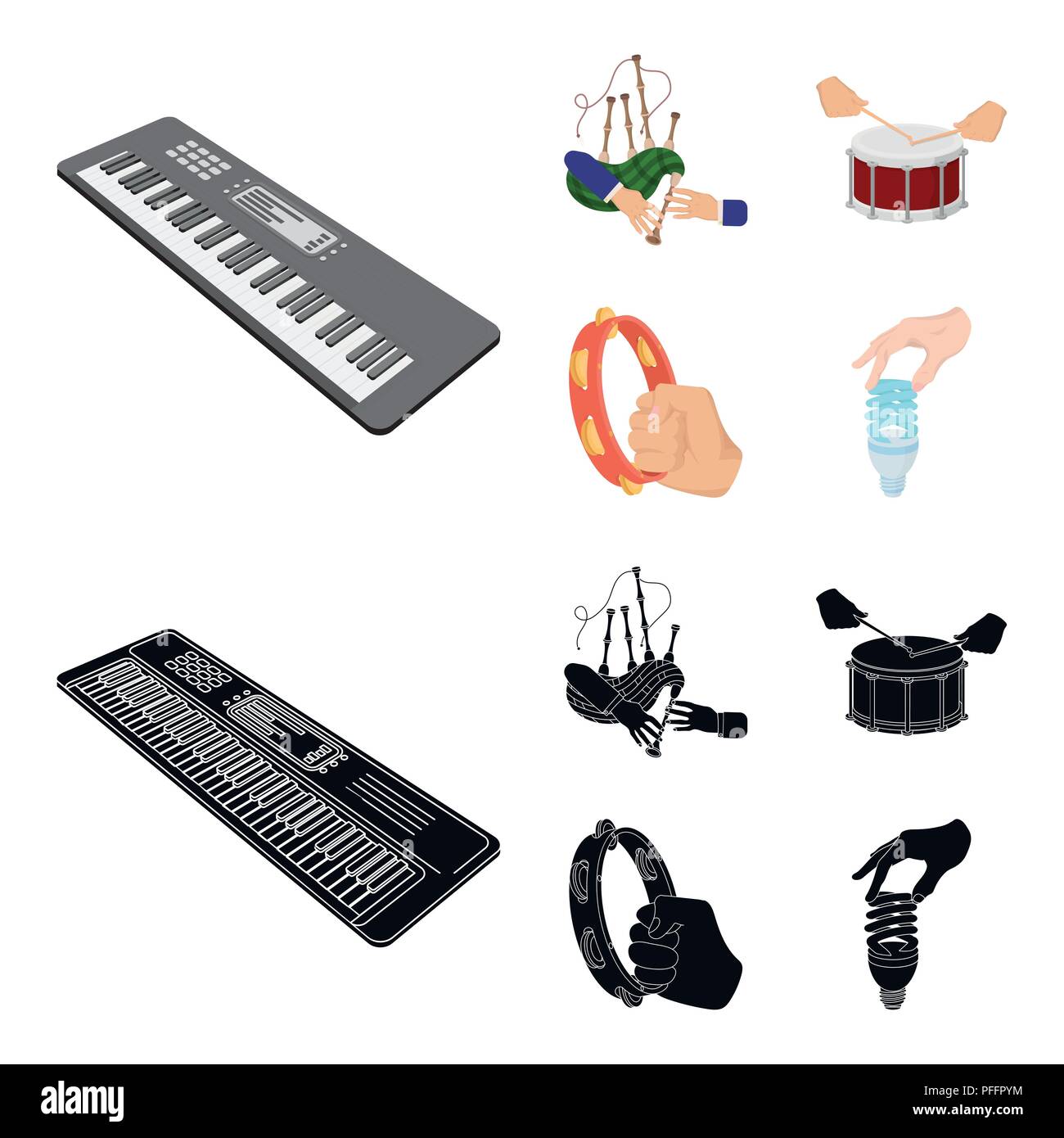 Synthesizer melodies, bagpipes Scotch and other  icon in cartoon,black style. drum, drum roll, tambourine in hand icons in set collection. Stock Vector