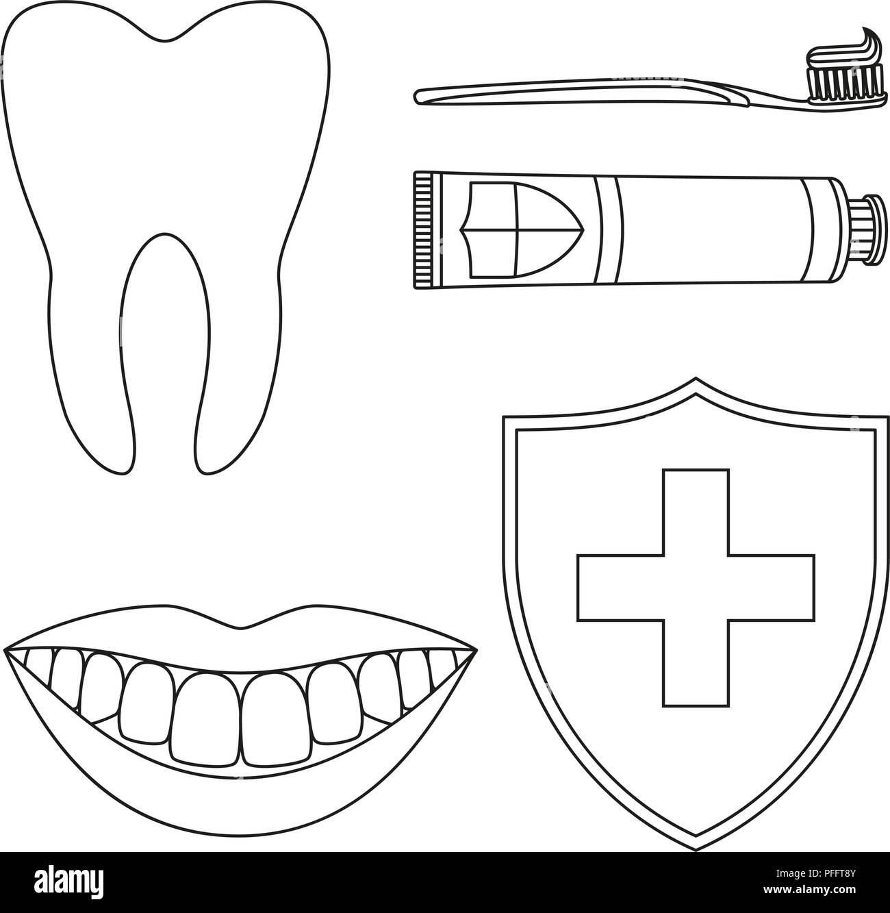 Line art black and white teeth cleaning set Stock Vector