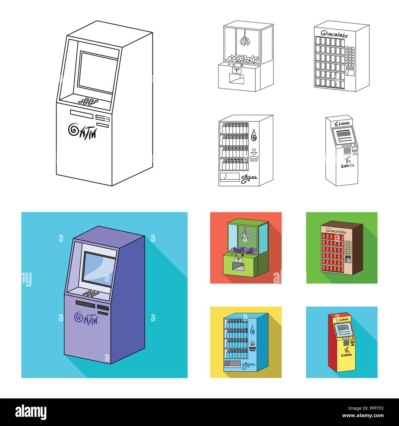 A game machine, a ticket sales terminal, an automaton for selling aqua and chocolate. Terminals set collection icons in outline,flat style isometric v Stock Vector