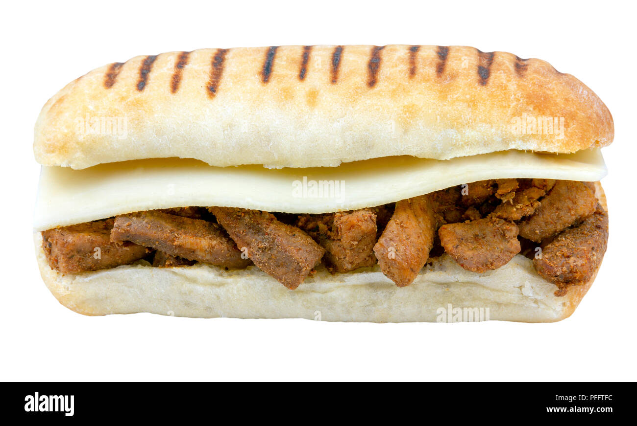 Spicy meat and cheese panini on an isolated white background Stock Photo