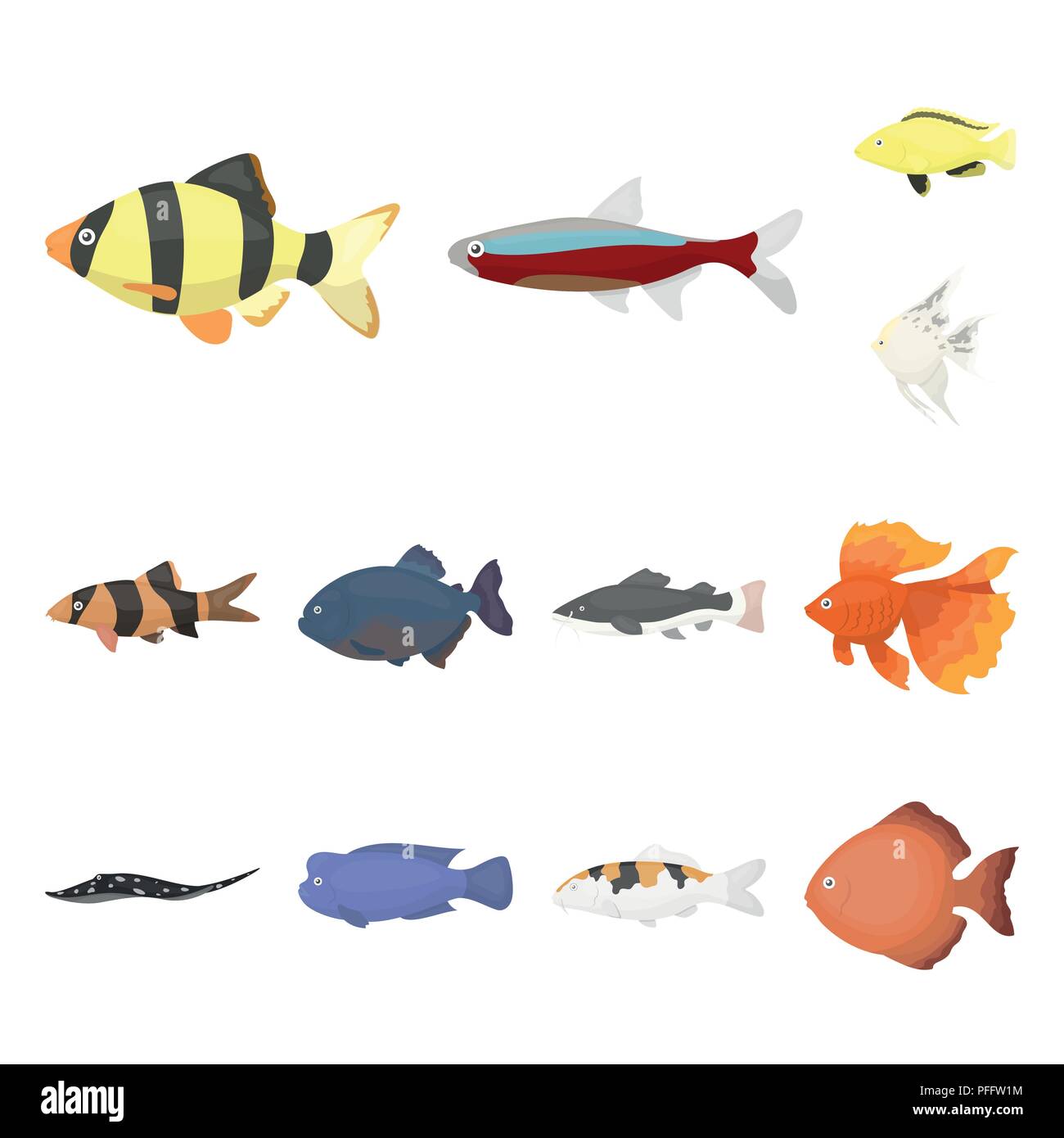 Different types of fish cartoon icons in set collection for design. Marine and aquarium fish vector symbol stock illustration. Stock Vector