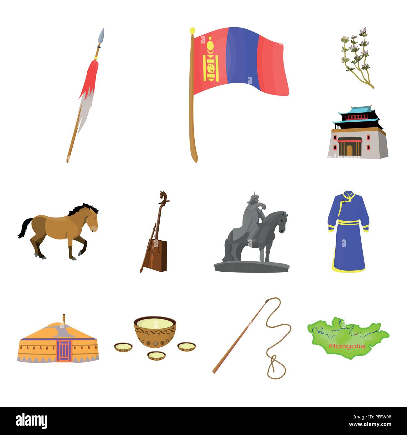 Country Mongolia cartoon icons in set collection for design.Territory and landmark vector symbol stock  illustration. Stock Vector
