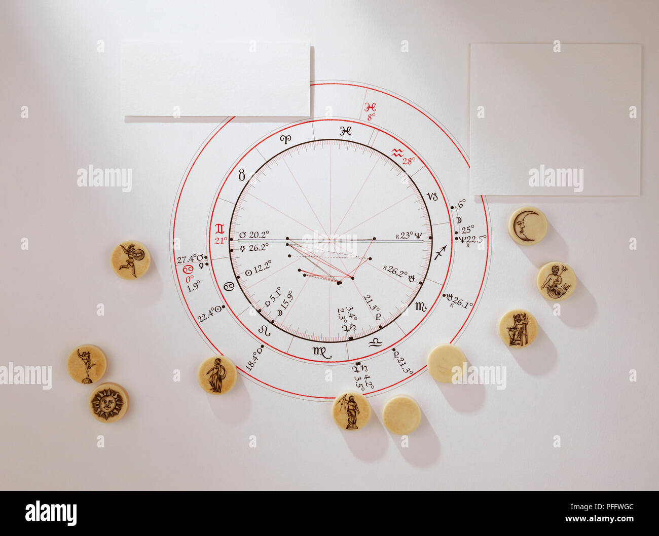 An astrological chart surrounded by ivory discs showing signs of the zodiac Stock Photo