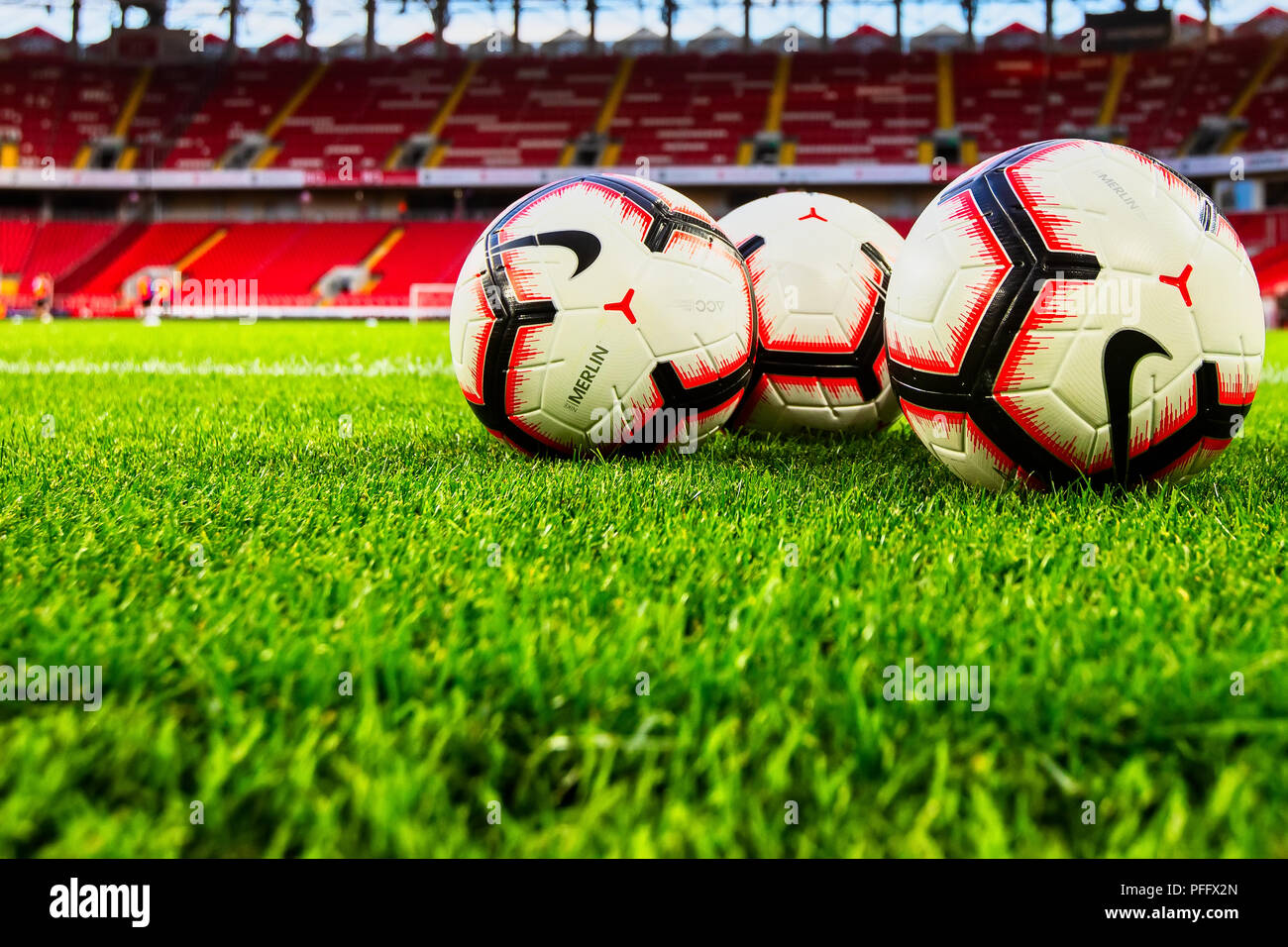 Moscow, Russia - August 13, 2018: balls on the empty field Otkritie Arena before the UEFA Champions League Third qualifying round , between FC Spartak Stock Photo