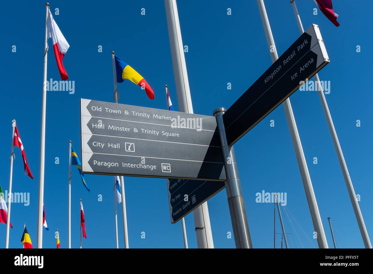 Image of Kingston Upon Hull UK City of Culture 2017. Shown around Humber Dock and Marina are the flags of different nations and baots docked. Stock Photo