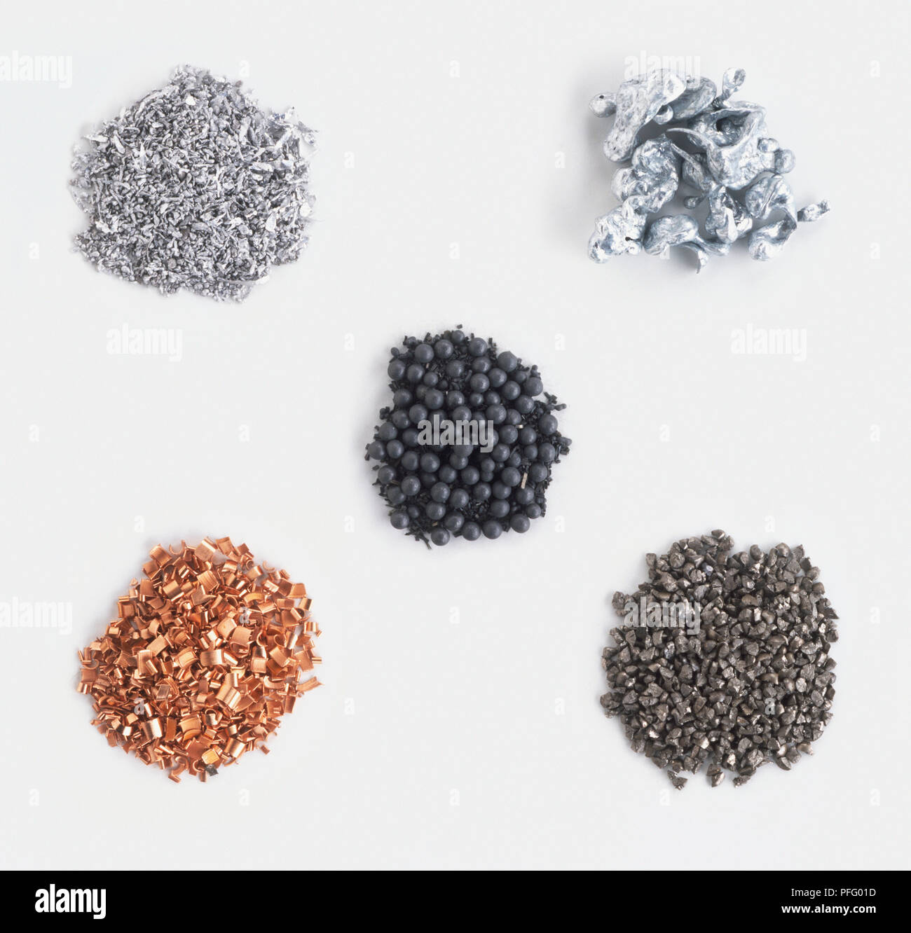 Metals including, clockwise from left, Copper, Aluminium, Zinc, Iron