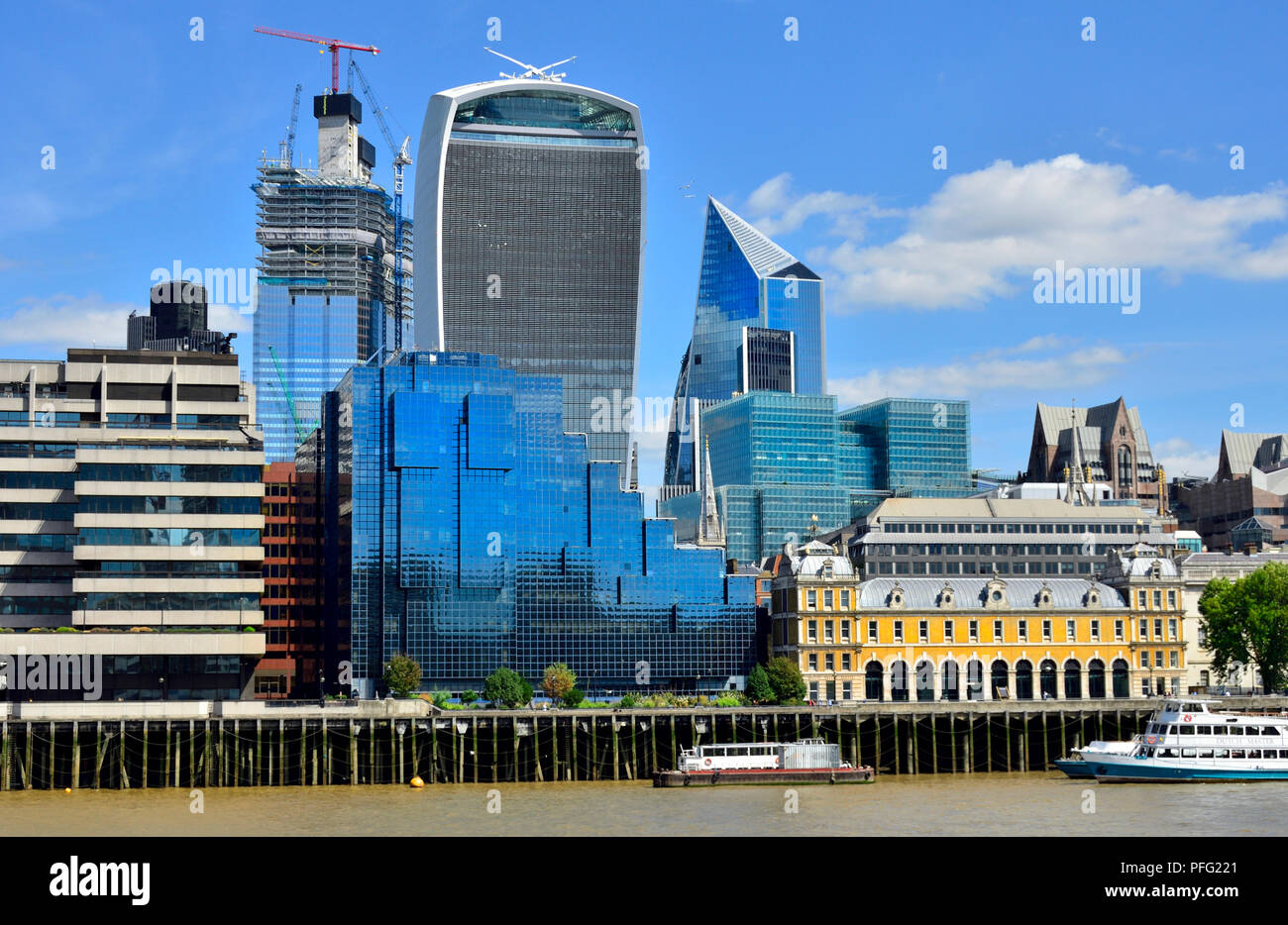 London, England, UK. Walkie Talkie building (20 Fenchurch Street) and others under construction in the city of London, seen from across the Thams Stock Photo