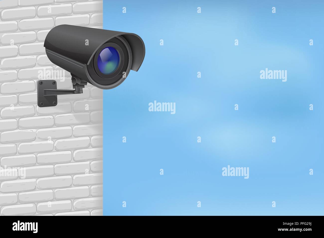 Security camera on brick wall. With blue sky Stock Vector