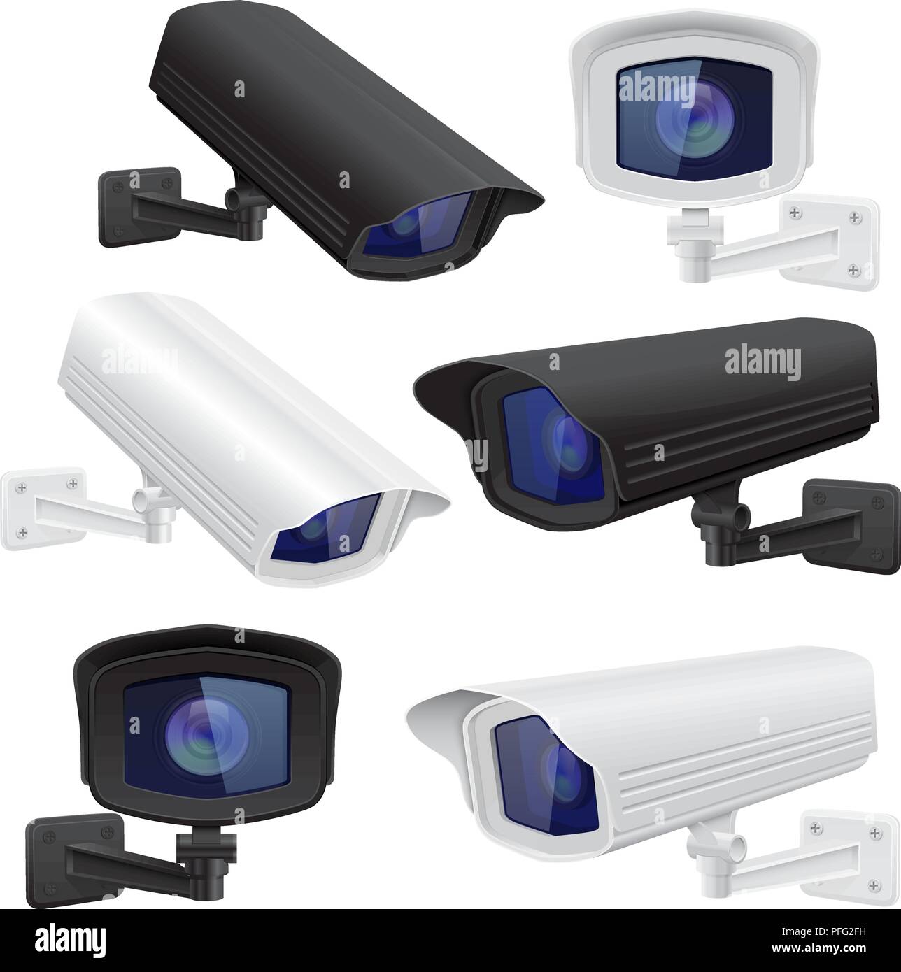 CCTV camera set. White and black security surveillance system Stock