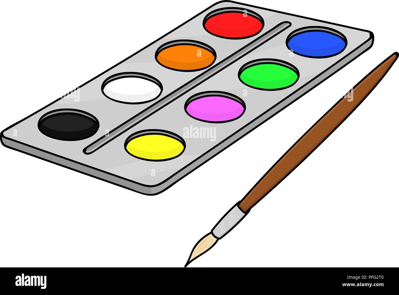 an illustration of art materials with brushes pencils and an artists palette with paints on a white background Stock Photo - Alamy