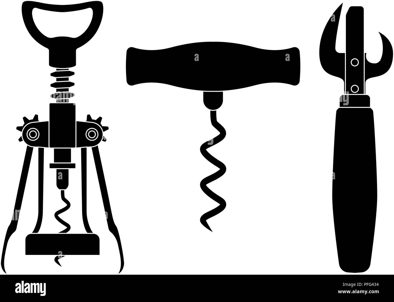 Corkscrews and can opener. Black drawing Stock Vector