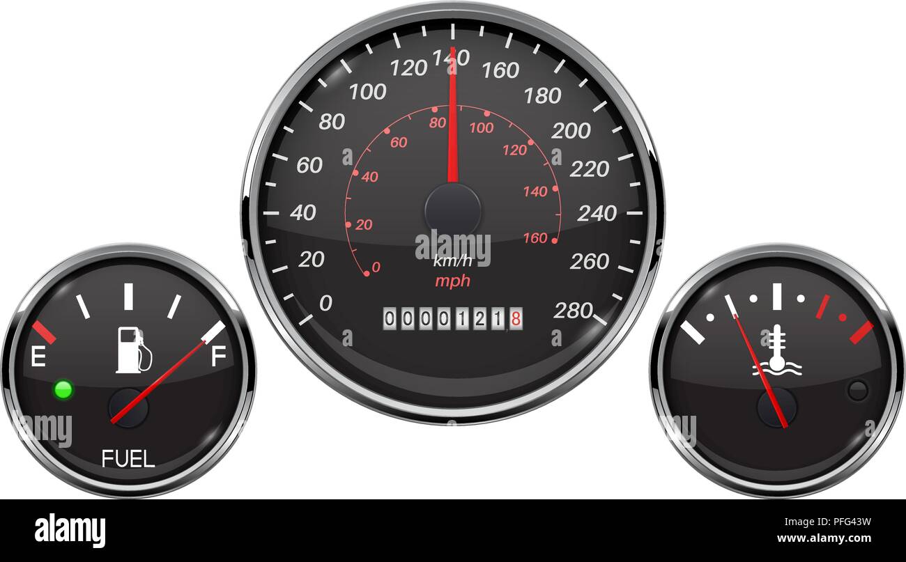 Car dashboard black gauges set. Fuel gauge, speedometer, temperature indicator Stock Vector