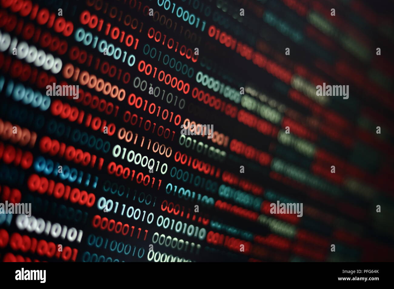 the right data. binary data background. focus on the white complete data amidst corrupted error red and blue binary bits. information codding problem Stock Photo