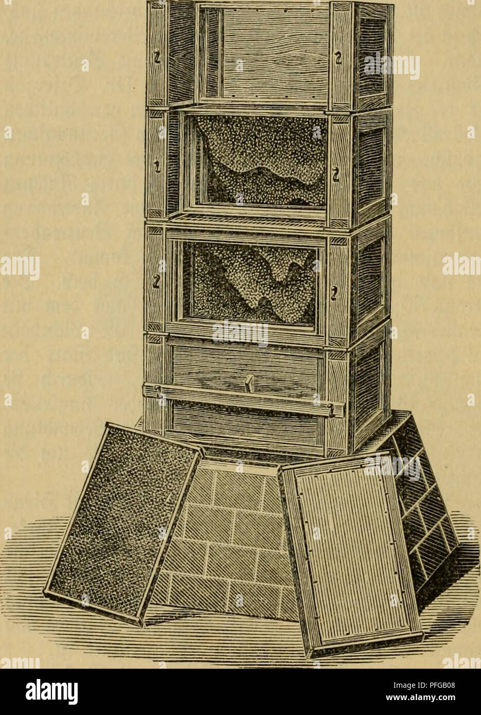 This text is a comprehensive guide on beekeeping, including descriptions of bee toolkits, hive structures, and various aspects of bee culture. It covers essential information for anyone interested in managing bee colonies, from beginners to experienced apiarists. Stock Photo
