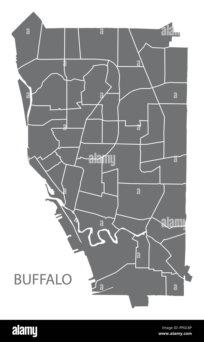 Buffalo New York city map with neighborhoods grey illustration silhouette shape Stock Vector