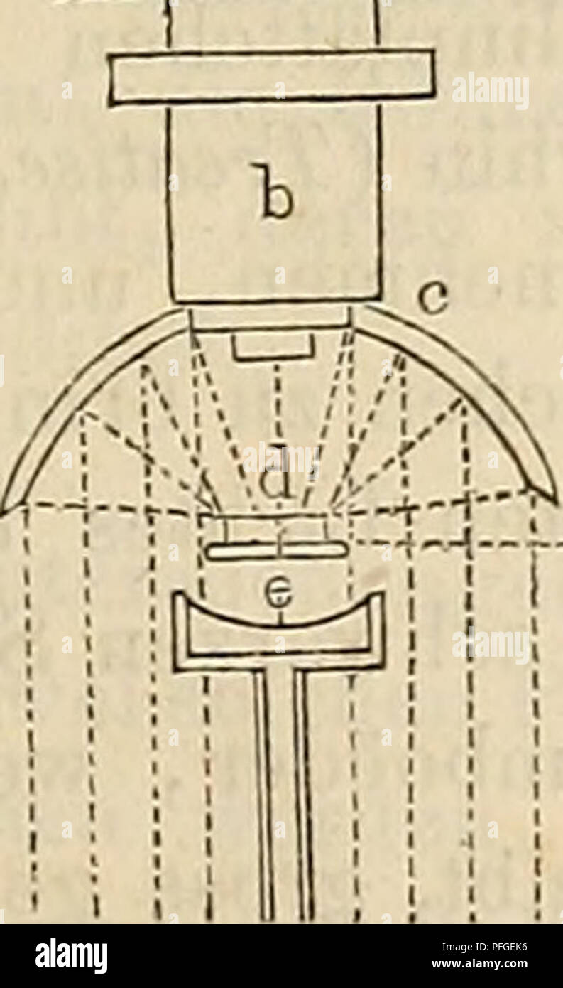 . Das mikroskop. Theorie, gebrauch, geschichte und gegenwärtiger zustand desselben. Microscopes. Beleuchtunjl; mit auffallendem Lichte 847 p. 55) hat Ross ein solches Spiegelchen gefertigt, das noch mit den stärksten Vergrösserungen zur Beleuchtung unbedeckter Objecte be- nutzt werden kann. Um das Licht abzuhalten, welches von unten auf das Object fallen könnte, benutzt man am besten, wie es in England gebräuchlich ist, kleine muldenförmig ausgehöhlte Scheiben, die am Ende eines dünnen Stiels befestigt sind, wie in Fig. 350. Der kleine Stiel passt in einen Arm (z.B. Fig. 305 in e), der sich un Stock Photo