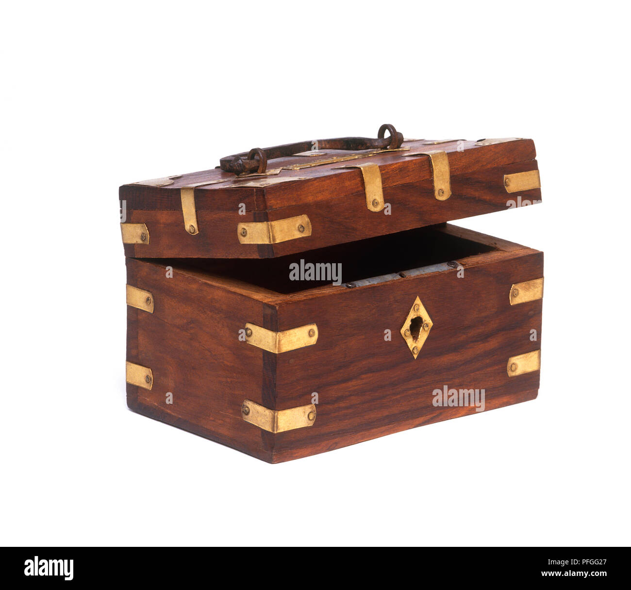 Wooden chest with brass fittings Stock Photo