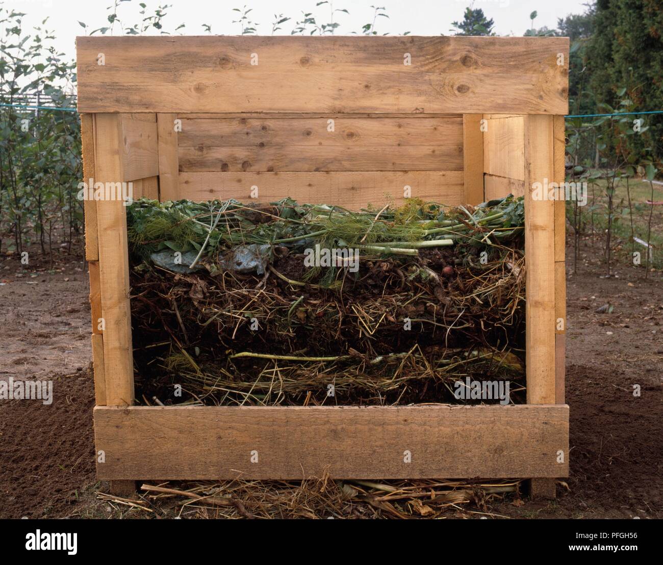 Crosssection of compost bin showing thick layer of twiggy material at