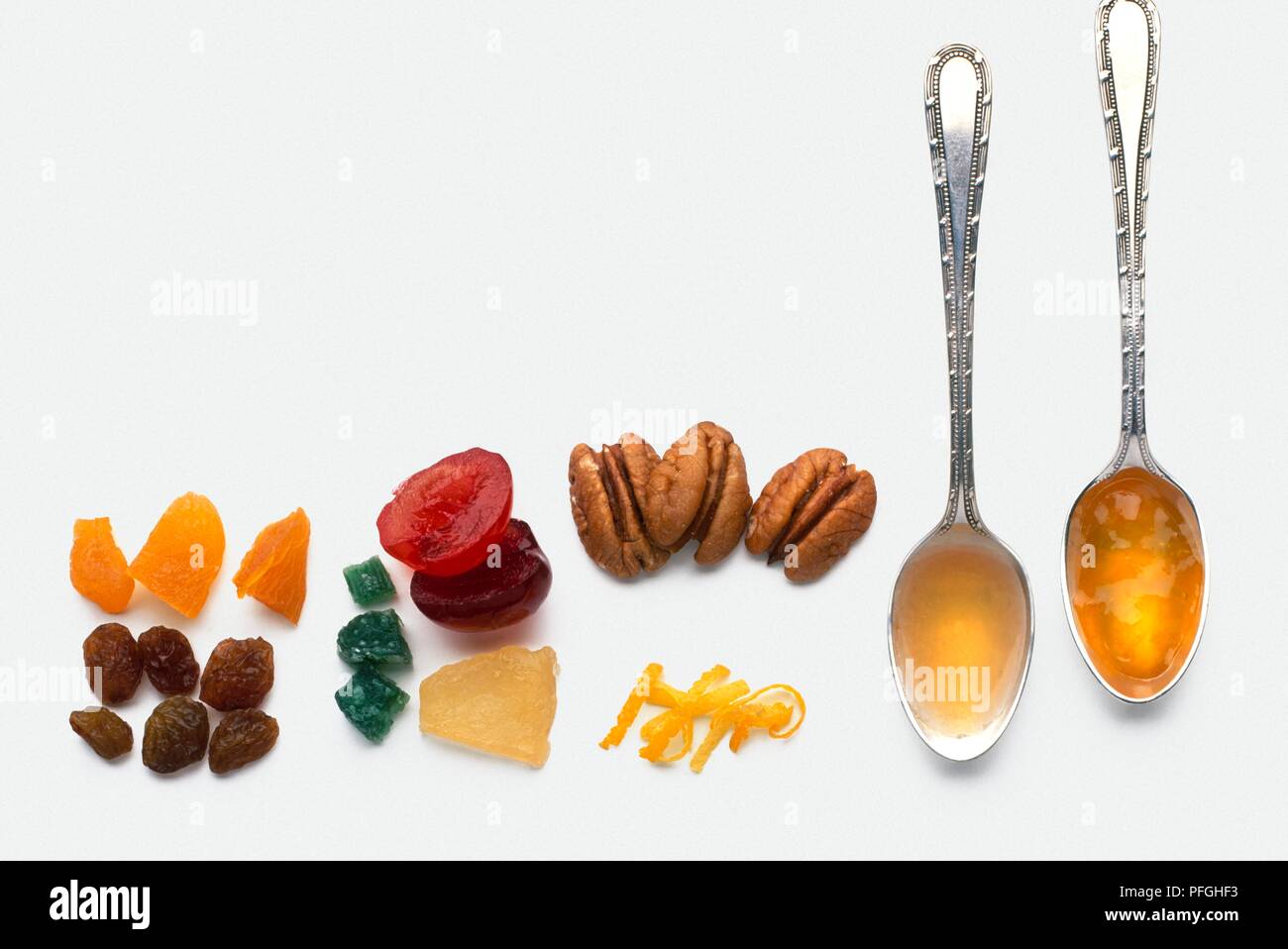 Dried apricots and sultanas, glace fruit, pecan nuts, zest, and brandy