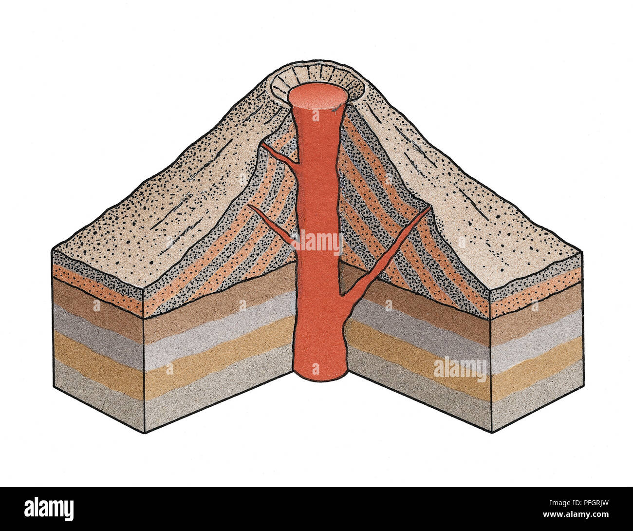 Artwork cross-section diagram of a volcano showing the vent, magma, strata and a gentle slope of basaltic lava flow. Stock Photo