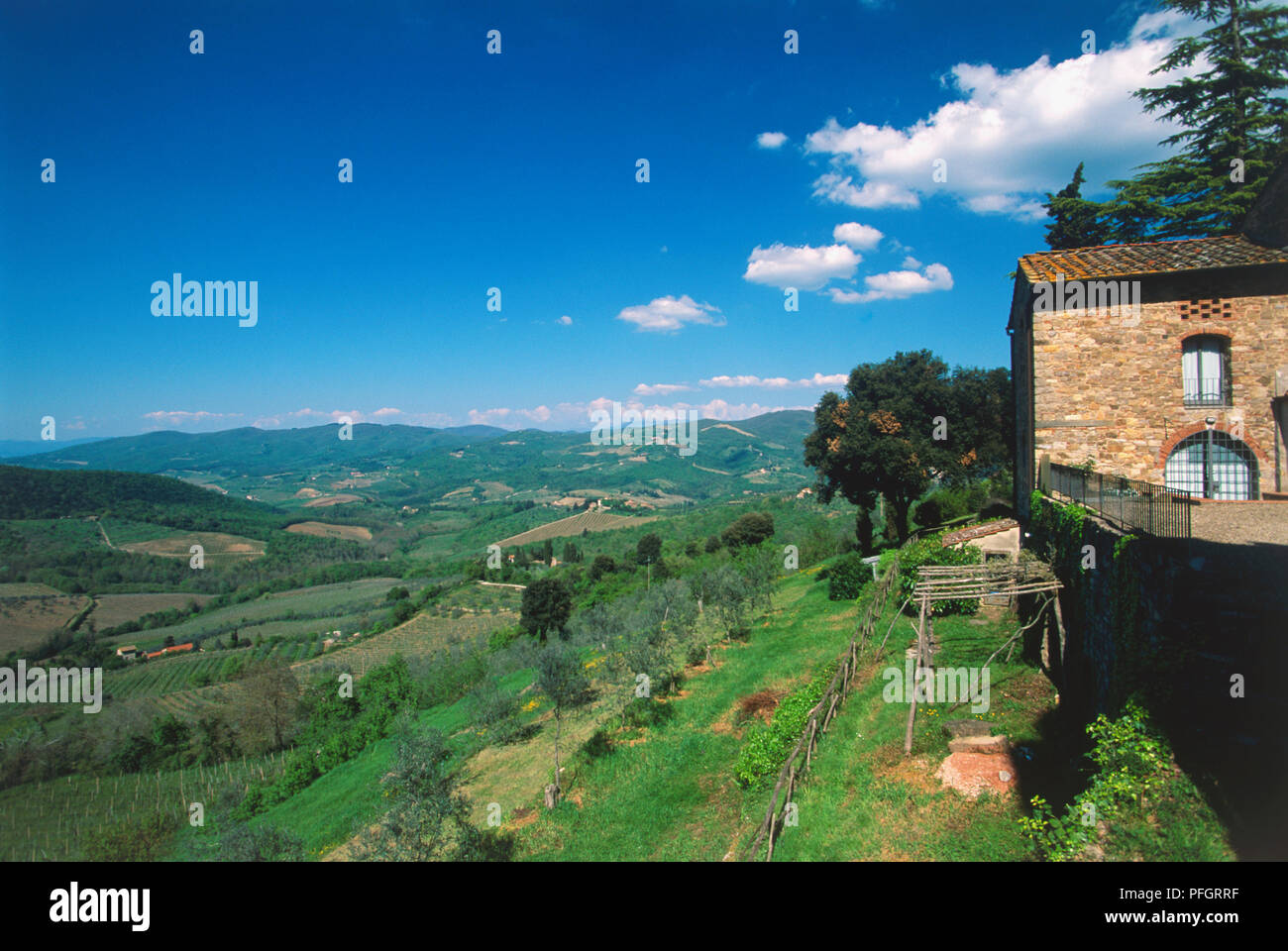 Italy, Tuscany, Chianti, Panzano, panoramic view of mountains covered in green vegetation. Stock Photo