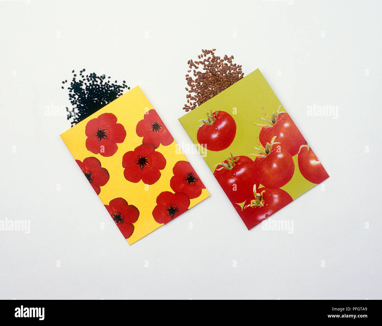 Bag of tomato seeds and bag of poppy seeds Stock Photo Alamy