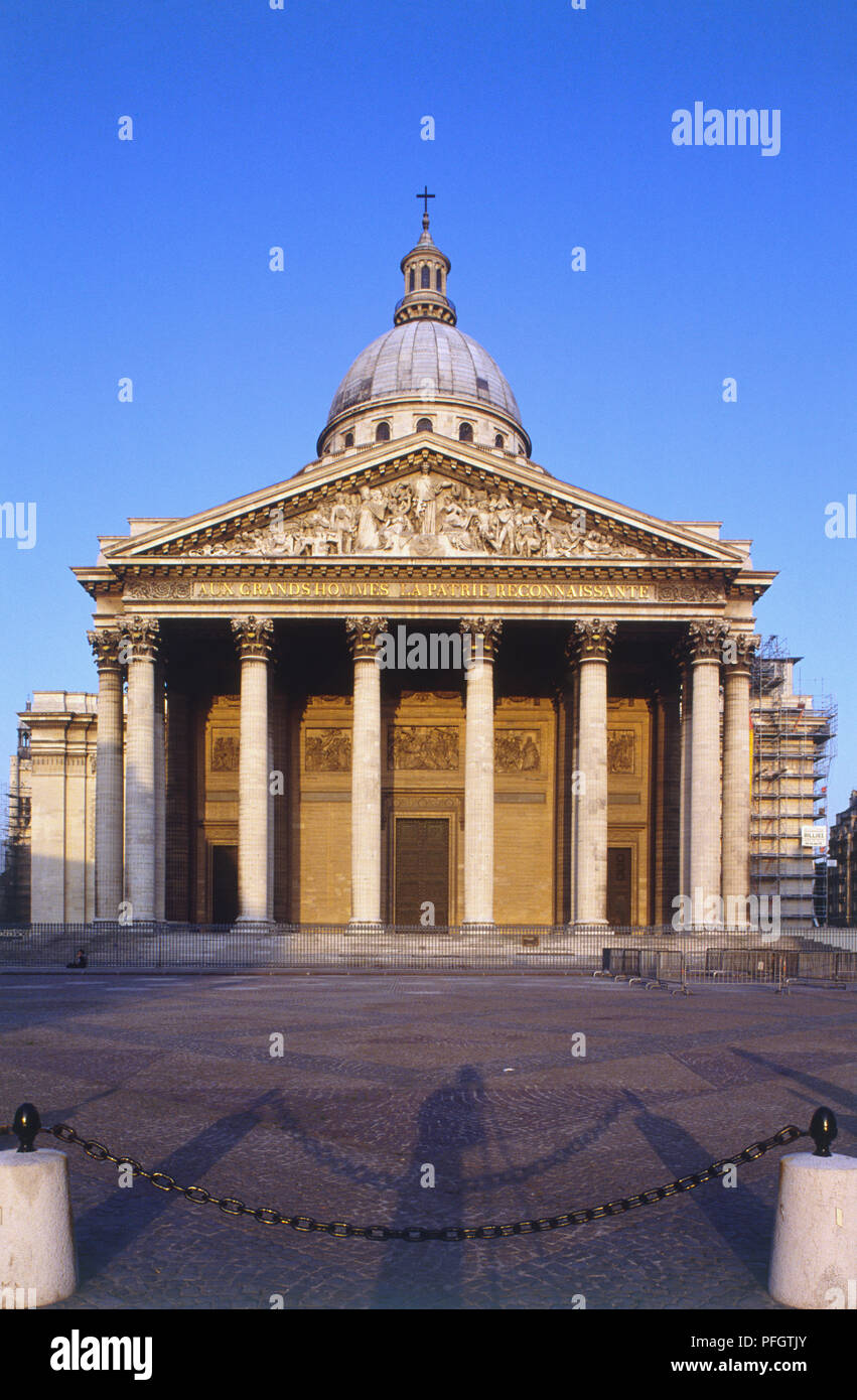 France, Paris, The Pantheon, a Neoclassical church with Dome with Column Portico. Stock Photo