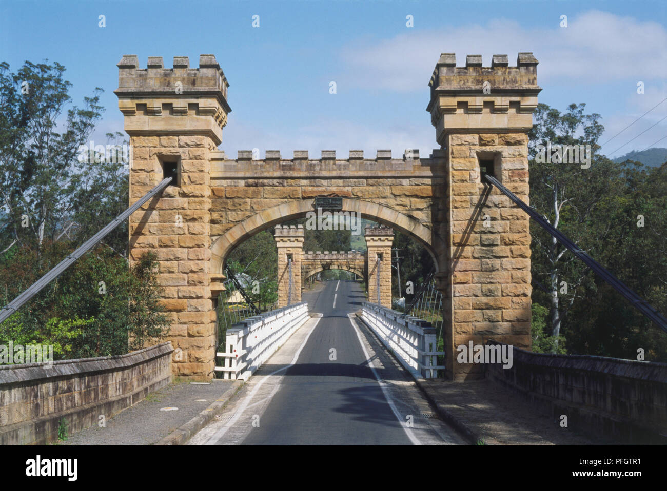 Australia, New South Wales, Southern Highlands, Hampden Bridge, castellated suspension bridge at Kangaroo Valley. Stock Photo