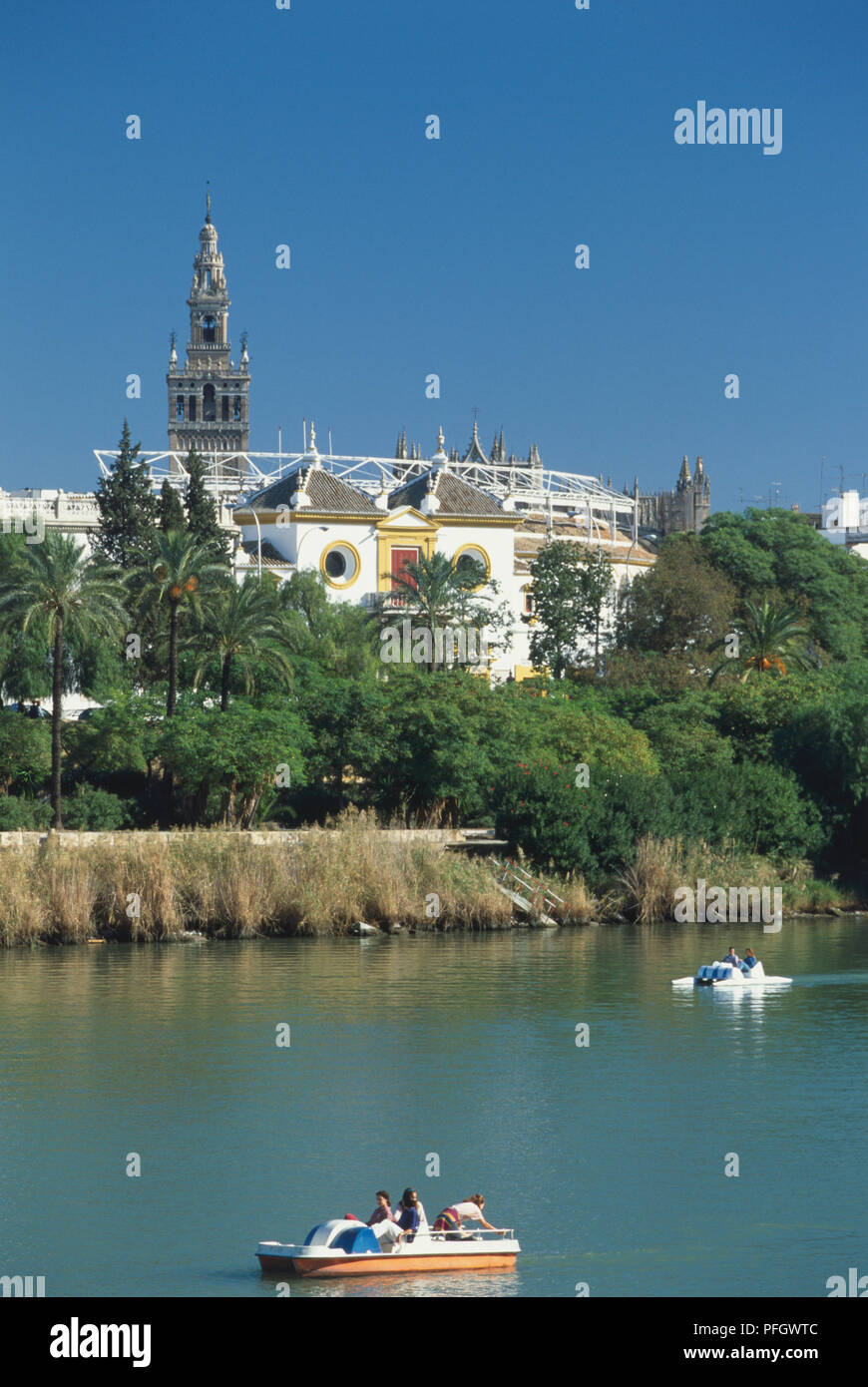 Spain, Seville, eighteenth century bullring seen from tree lined Guadalquivir river. Stock Photo