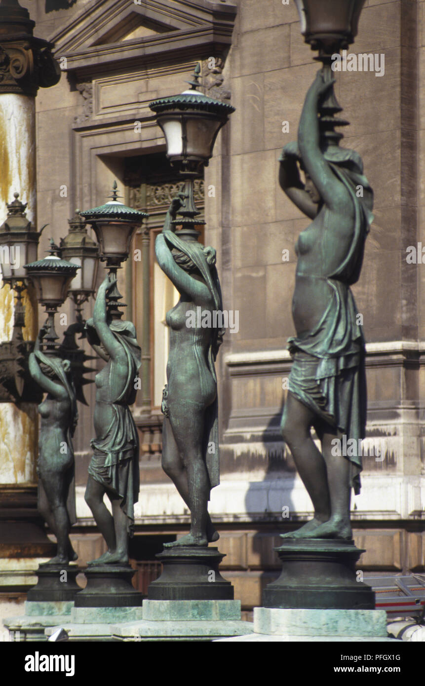 France, Paris, Opera Quarter, bronze lamp post statues of the vestal