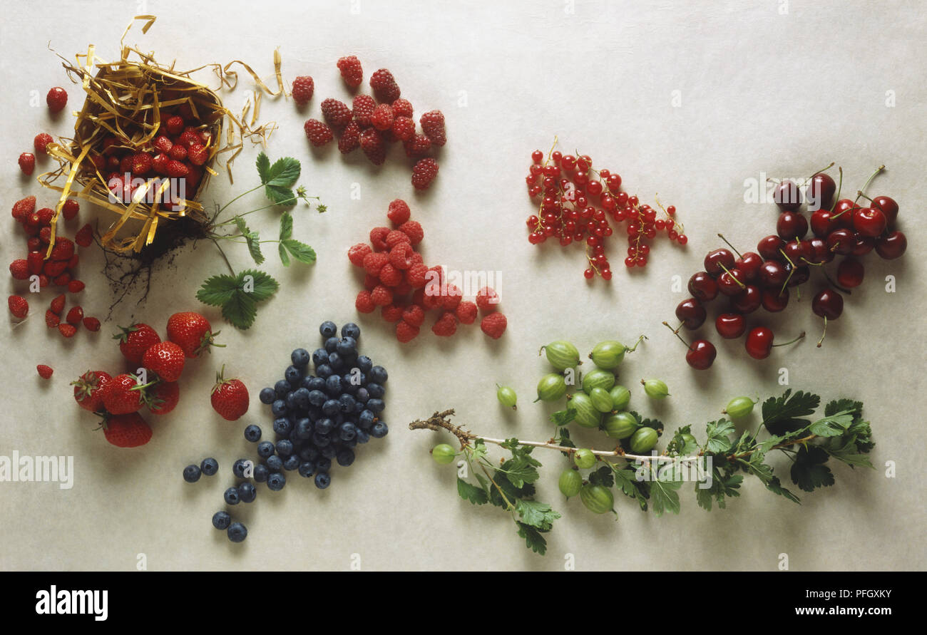 A selection of fruit including cherries, gooseberries, redcurrants, raspberries, blueberries, wild stawberries, loganberries and garden strawberries Stock Photo