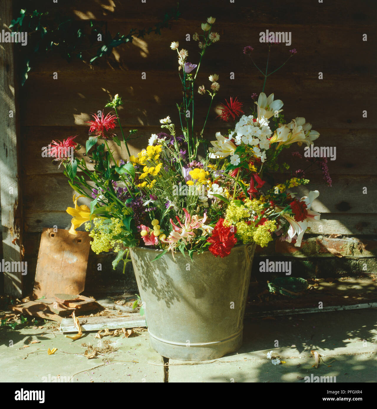 Bright array of cottage-garden flowers arranged in an old metal bucket, bucket standing on paving stones half in shade, wooden fence in background. Stock Photo