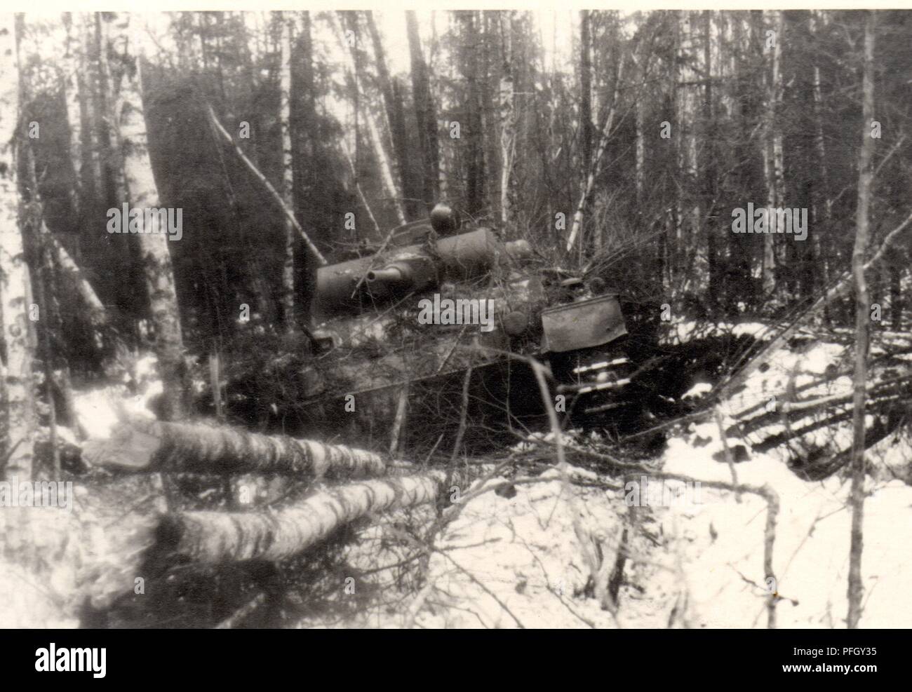 German Panzer in thick woods near Lake Ladoga on the Leningrad Front Winter of 1942 Stock Photo