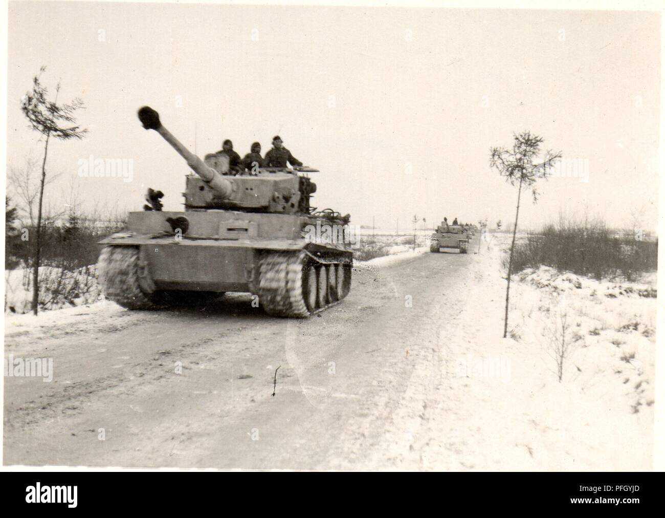 German Panzer Tiger Tank on Russian road during the Winter of 1944 Stock Photo
