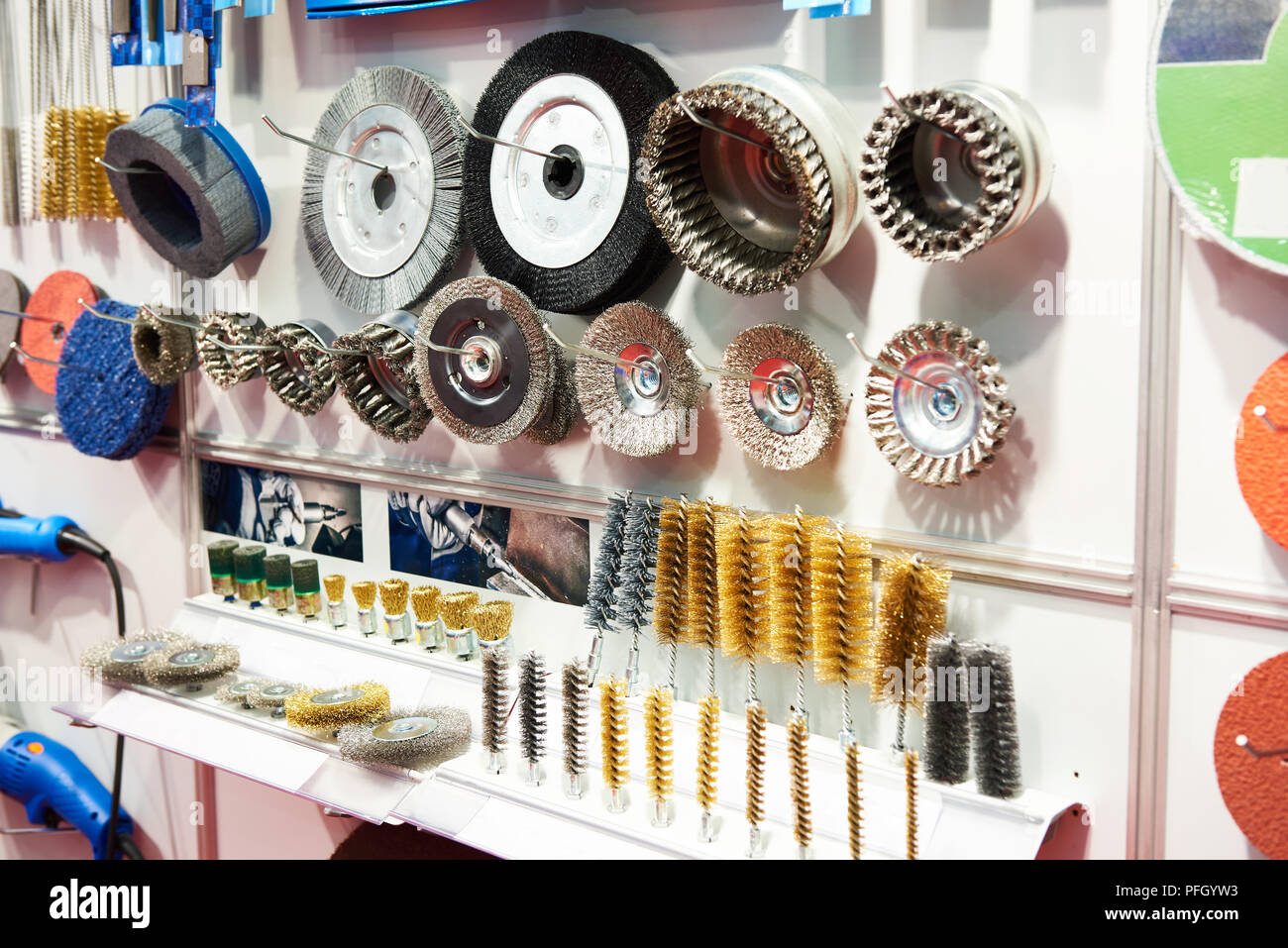 Metal brushes of drill for metal cleaning and processing in store Stock