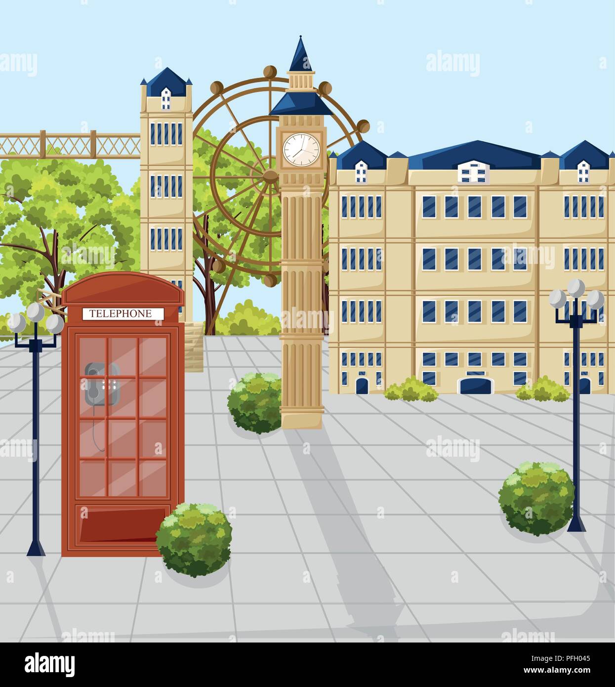 Red Phone booth in London Vector. Architecture facades on background. City attractions, street view Stock Vector