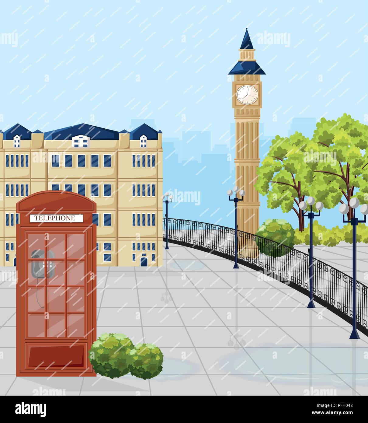 Red Phone booth in London Vector. Summer background Stock Vector
