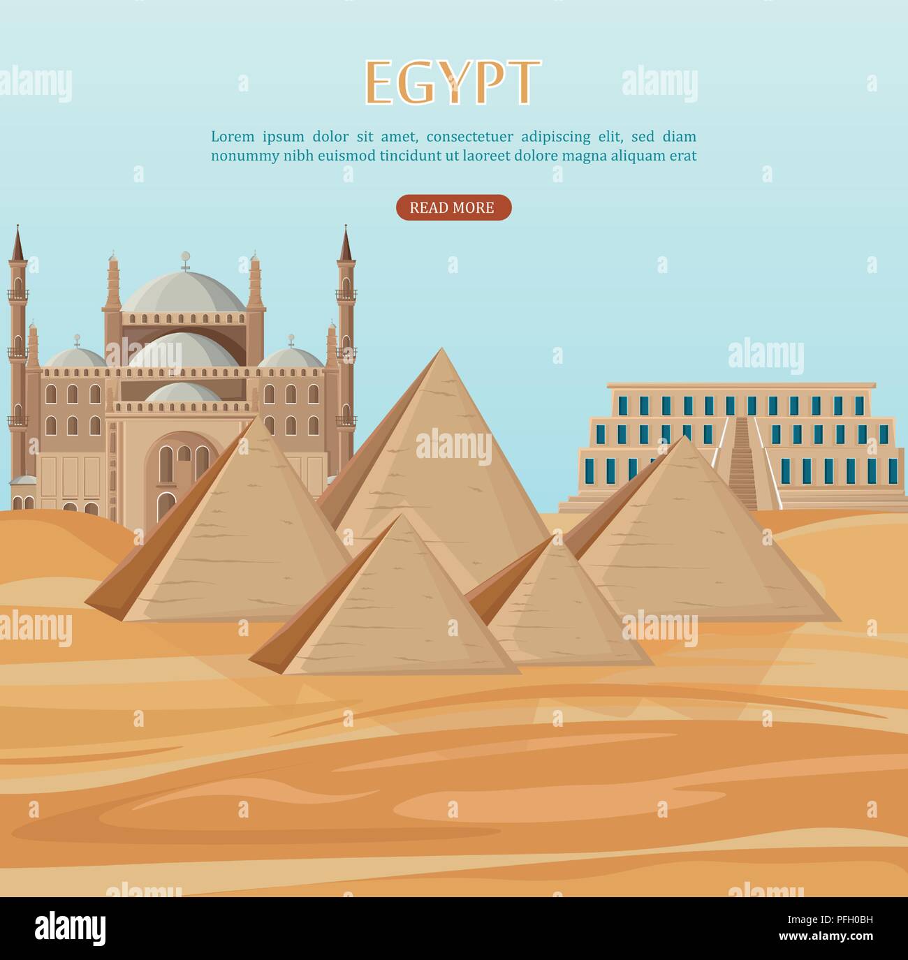 Egypt pyramids card background Vector. Desert view and mosque