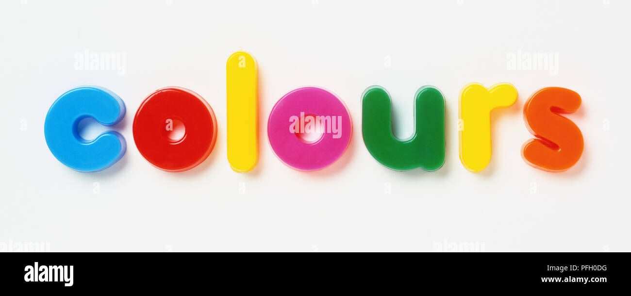 Plastic coloured lettering spelling out the word 'colours' Stock Photo