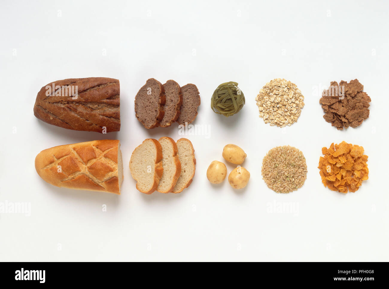 Good sources of carbohydrates, fibre and starch including bread, potato