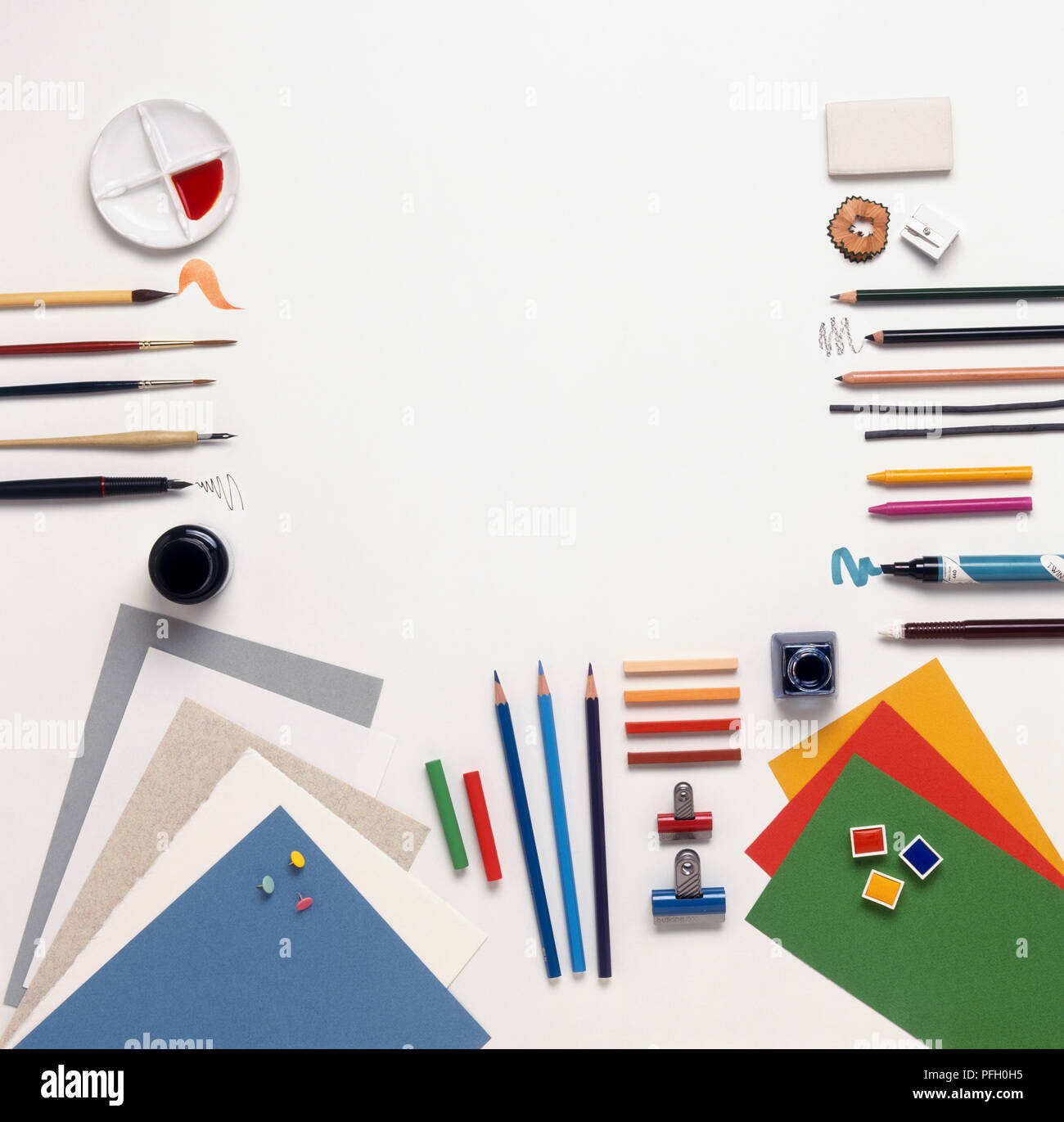 Collection of art materials and stationery, including pens ...