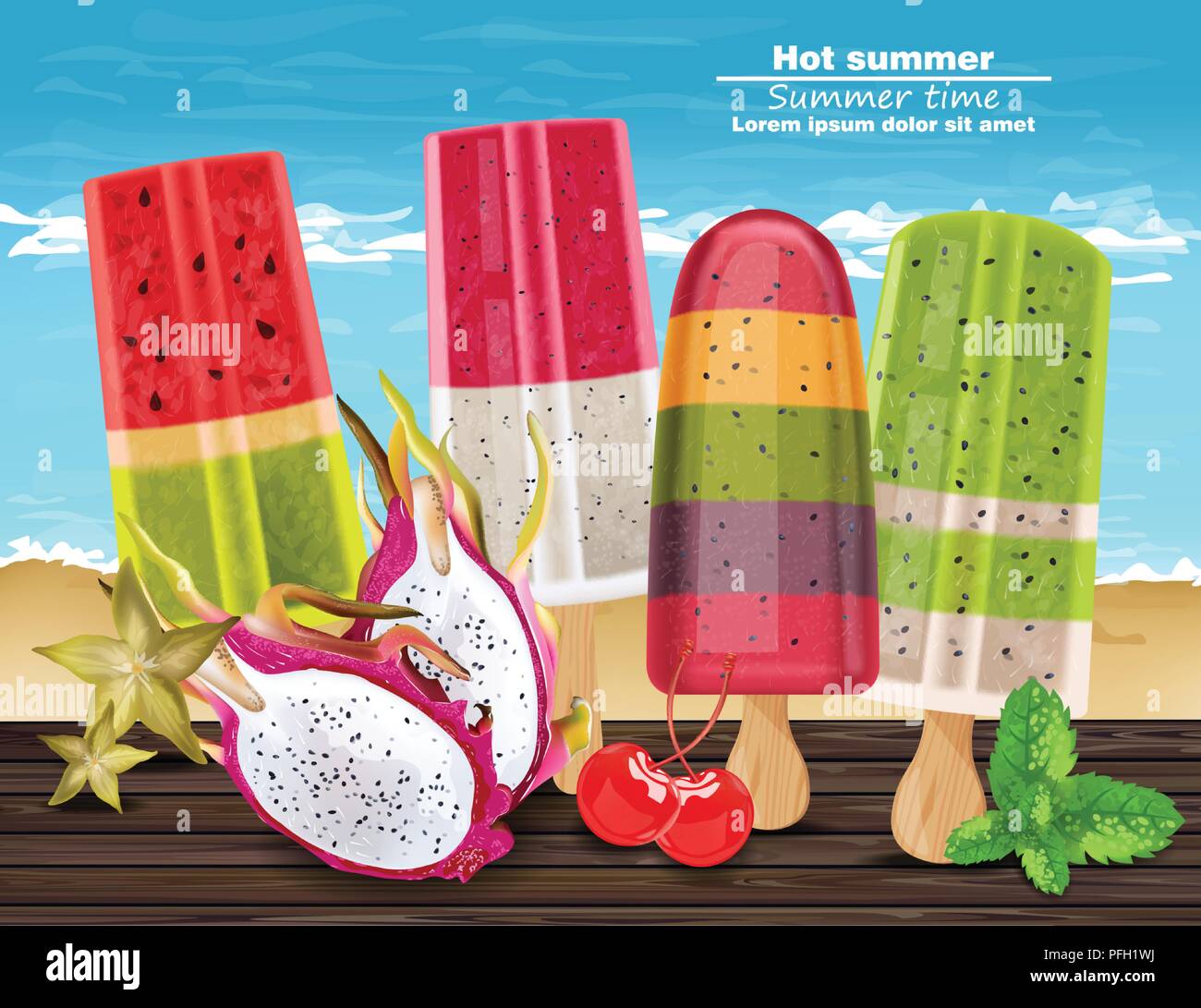 Tropic fruits ice cream hot summer Vector realistic. Kiwi, dragon fruit, watermelon flavors