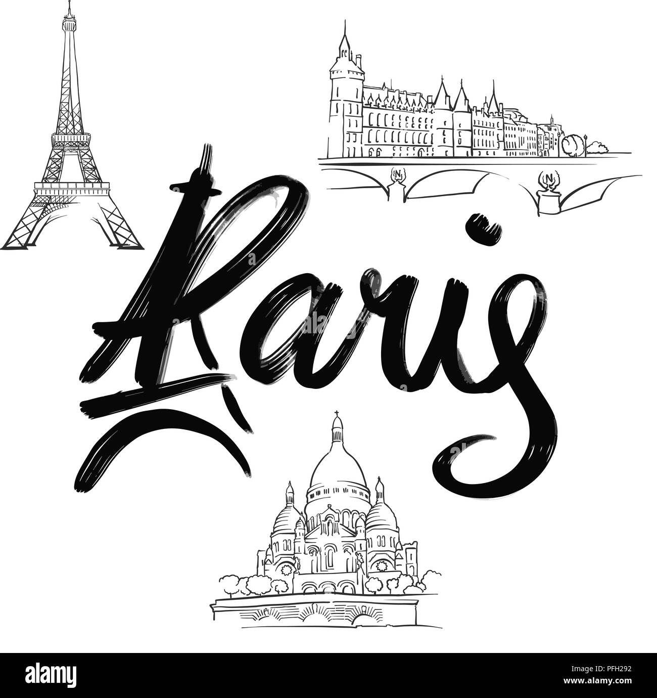 Paris lettering with signs. hand drawn elements for poster and greeting cards design. Stock Vector