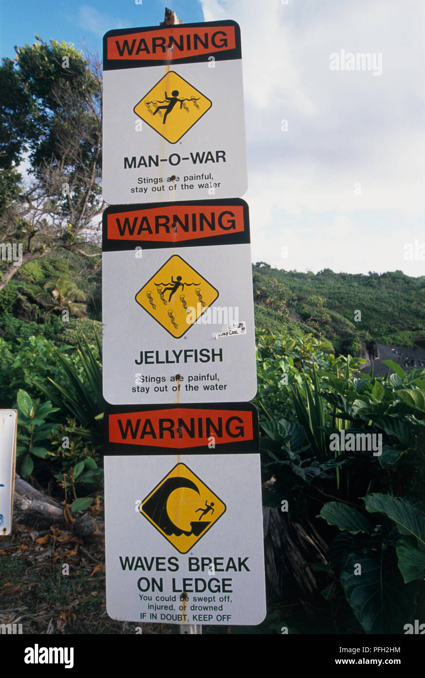 USA, Hawaii Islands, warning signs on beach Stock Photo Alamy