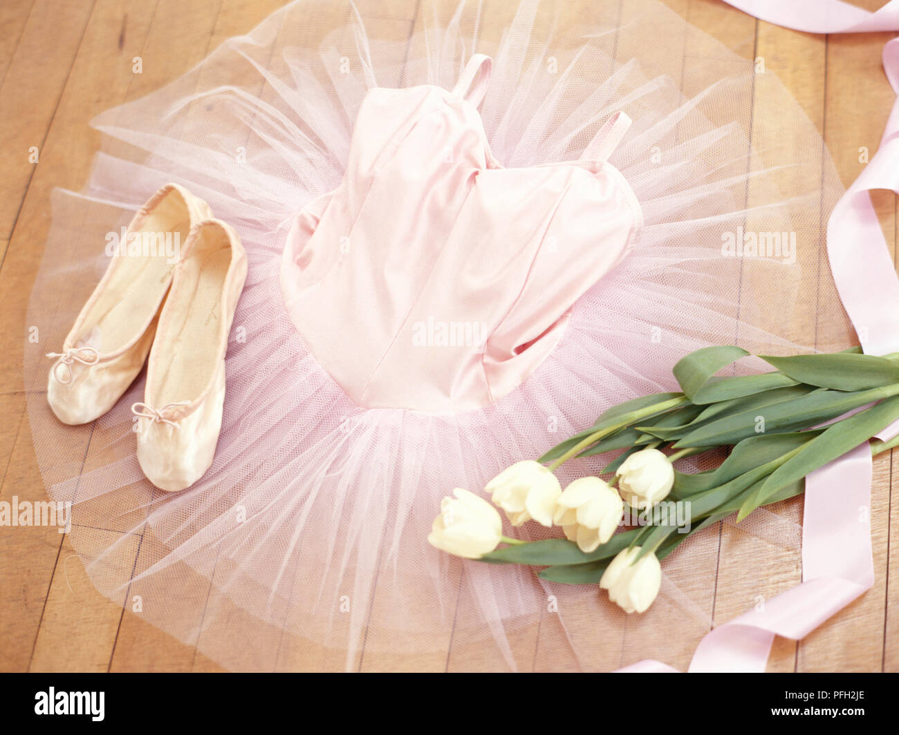 Ballet dancers clothes, lying out on floor, tutu, satin ballet shoes