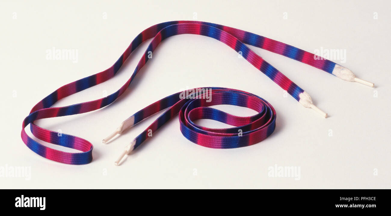 Pair of red and blue striped shoe laces Stock Photo
